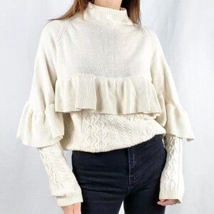 Project Naadam Mock Neck Ruffle Cable Knit Sweater Ivory  Medium